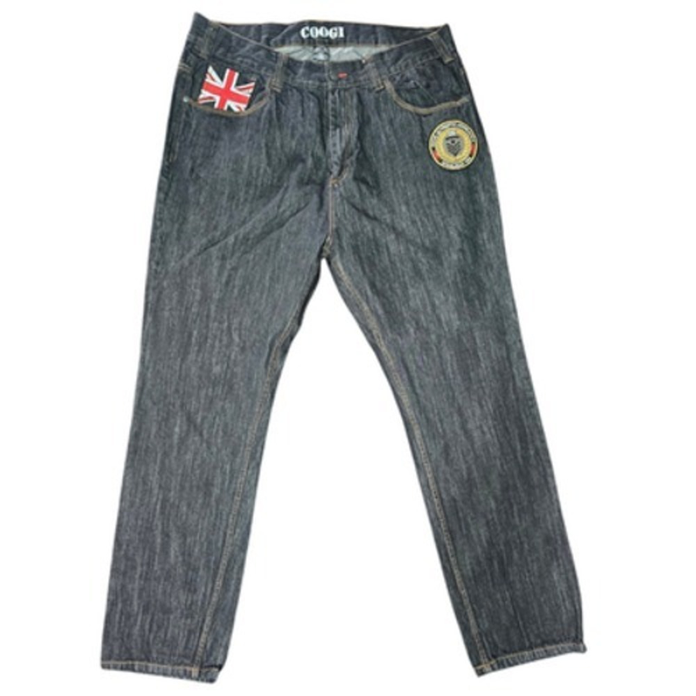 COOGI Men's W44 L34 Dark Wash Black Straight Leg Jeans Embroidered Patches Denim